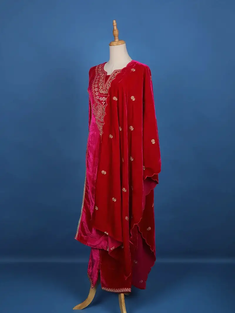 Dark Pink Floral Designed Velvet Salwar Suit 4