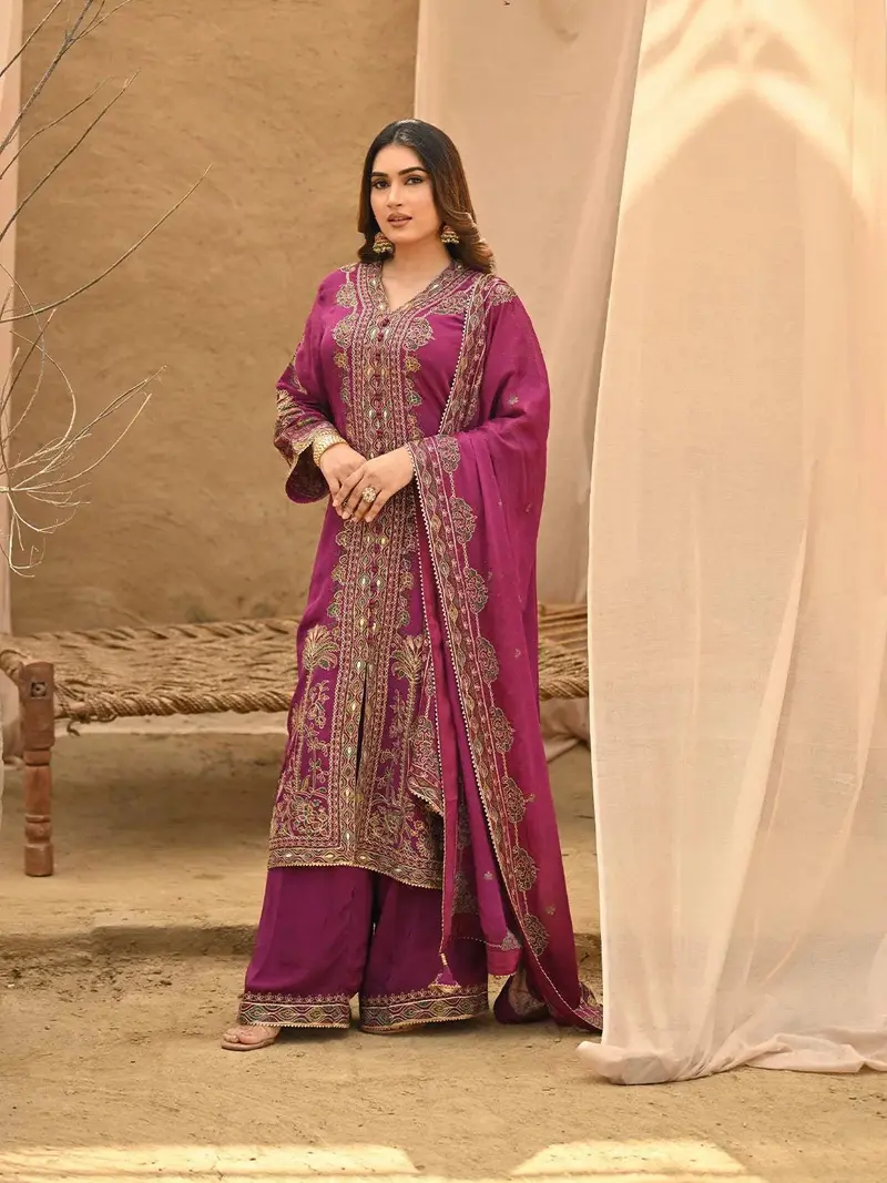 Dark Pink Floral Embroidered Crepe Palazzo Suit 1