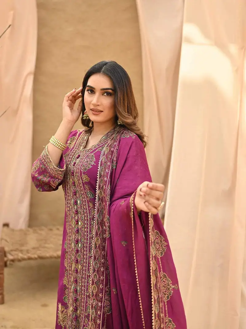 Dark Pink Floral Embroidered Crepe Palazzo Suit 2