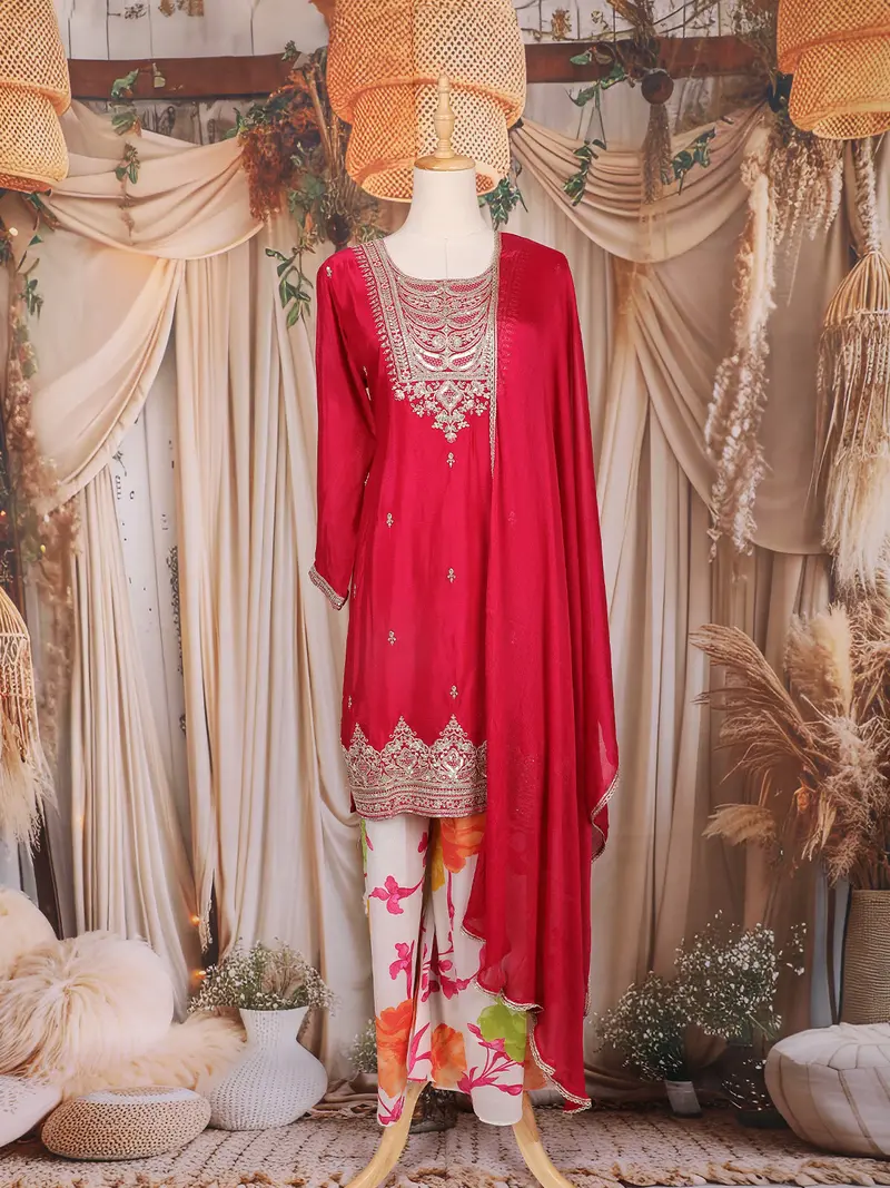 Dark Pink Floral Embroidered Design Chiffon Palazzo Suit 1
