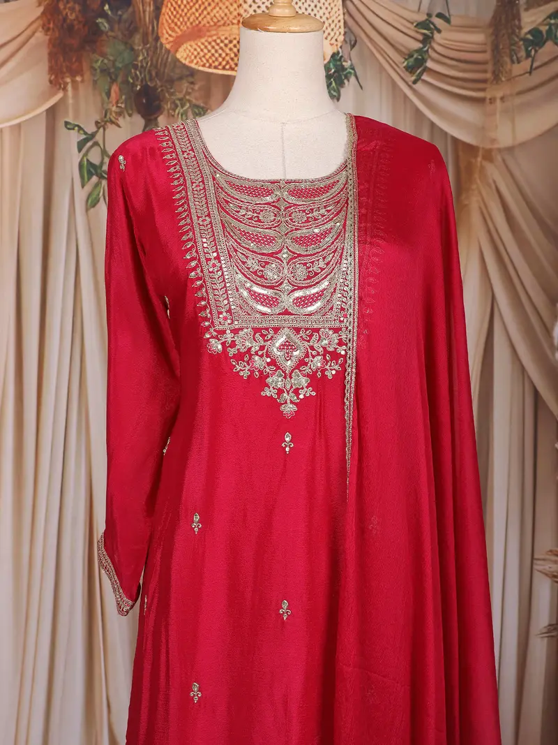 Dark Pink Floral Embroidered Design Chiffon Palazzo Suit 2
