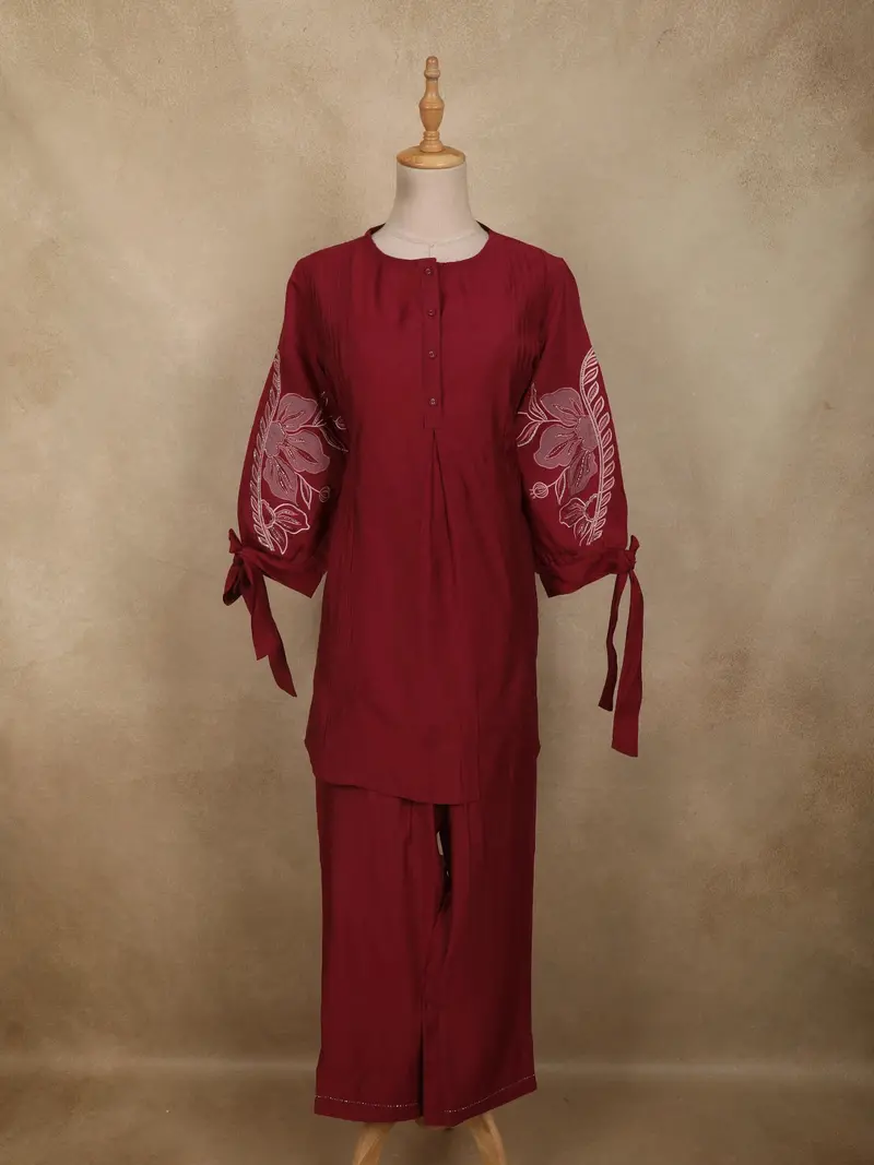 Dark Pink Floral Embroidered Design Cotton Co-Ord Set 1