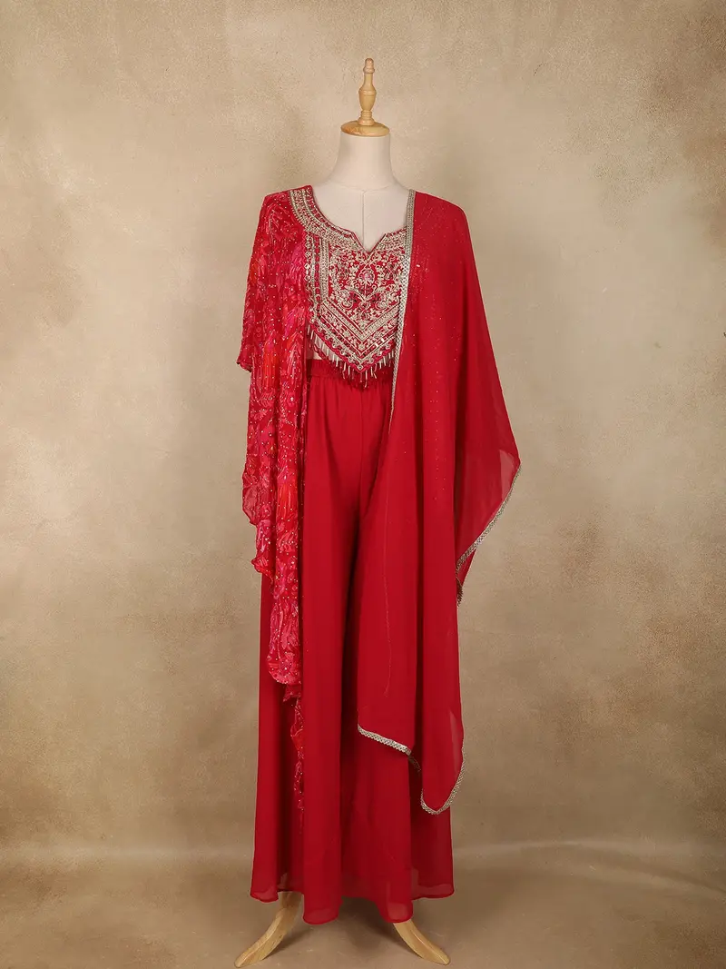 Dark Pink Floral Embroidered Design Georgette Palazzo Suit 1