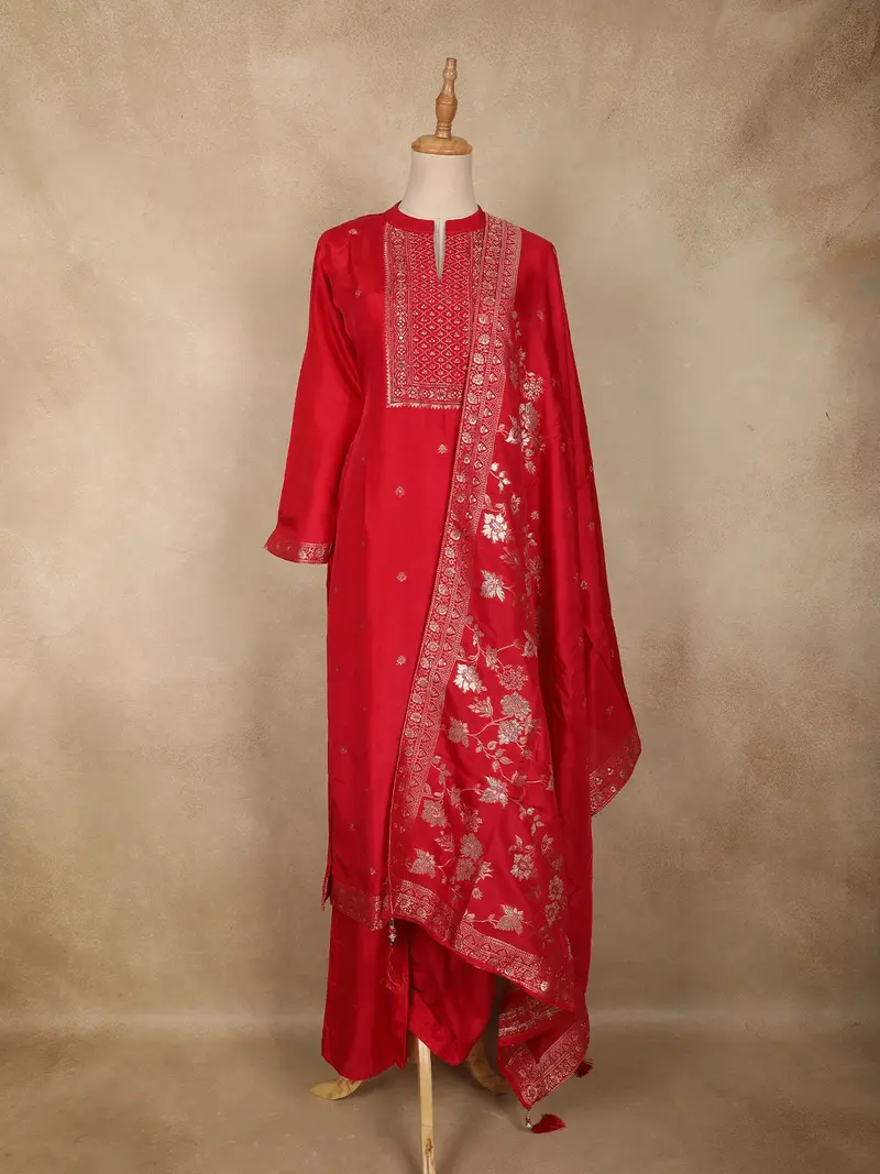 Dark Pink Floral Embroidered Design Silk Straight Suit With Designer Dupatta 1