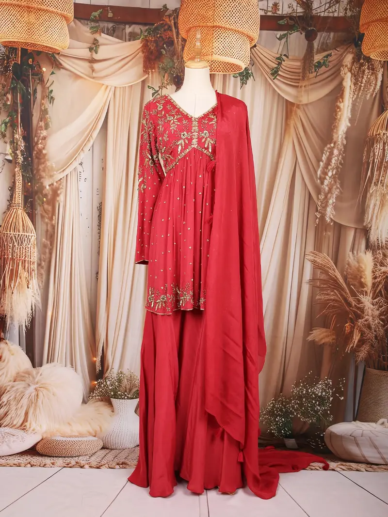 Dark  Pink Floral Embroidered Georgette Palazzo Suit 1