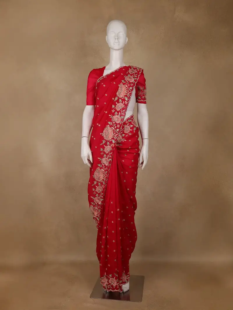 Dark Pink Floral Embroidered Satin Saree 1