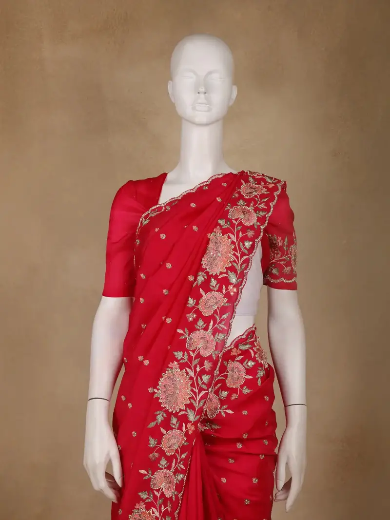 Dark Pink Floral Embroidered Satin Saree 2