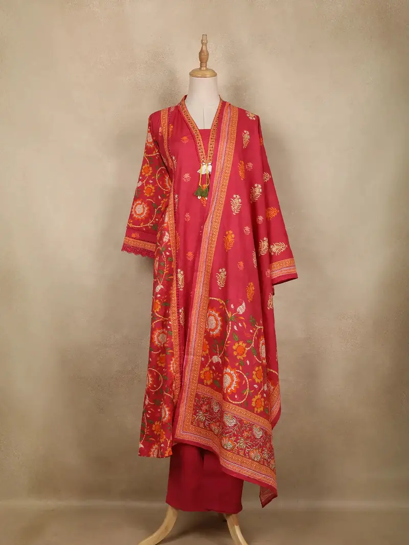 Dark Pink Floral Printed Cotton Salwar Suit With Dupatta 1