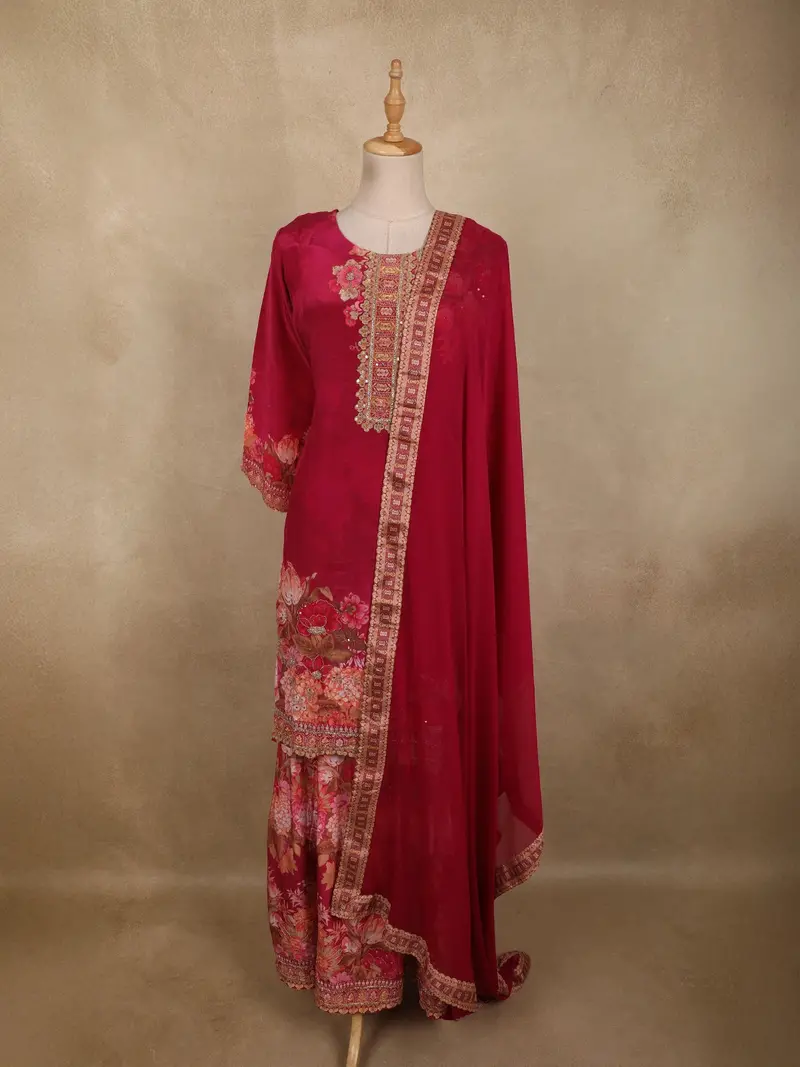 Dark Pink Floral Printed Design Cotton Palazzo Suit With Dupatta 1