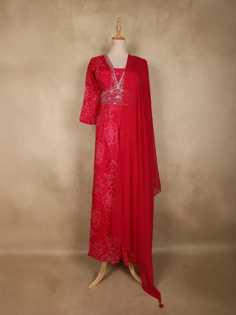 Dark Pink Floral Printed Design Georgette Party Wear Gown With Dupatta 1