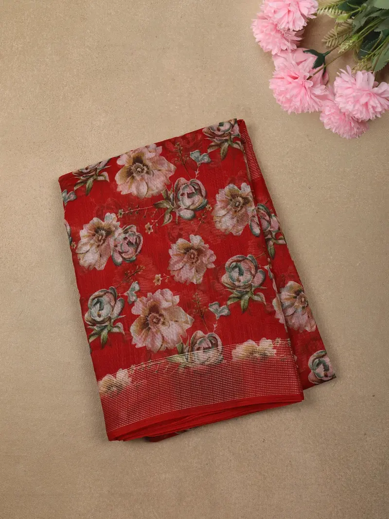 Dark Pink Floral Printed Design Linen Cotton Casual Wear Saree 1