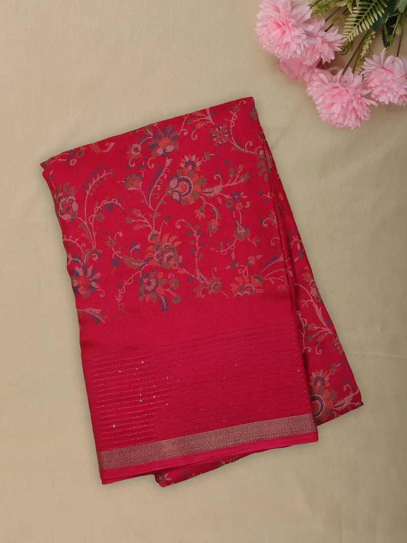 Dark Pink Floral Printed Design Mixed Crepe Saree With Zari Border 1