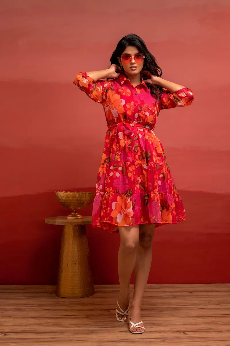 Dark Pink Floral Printed Georgette Short Dress With Waist Tie-Up 1