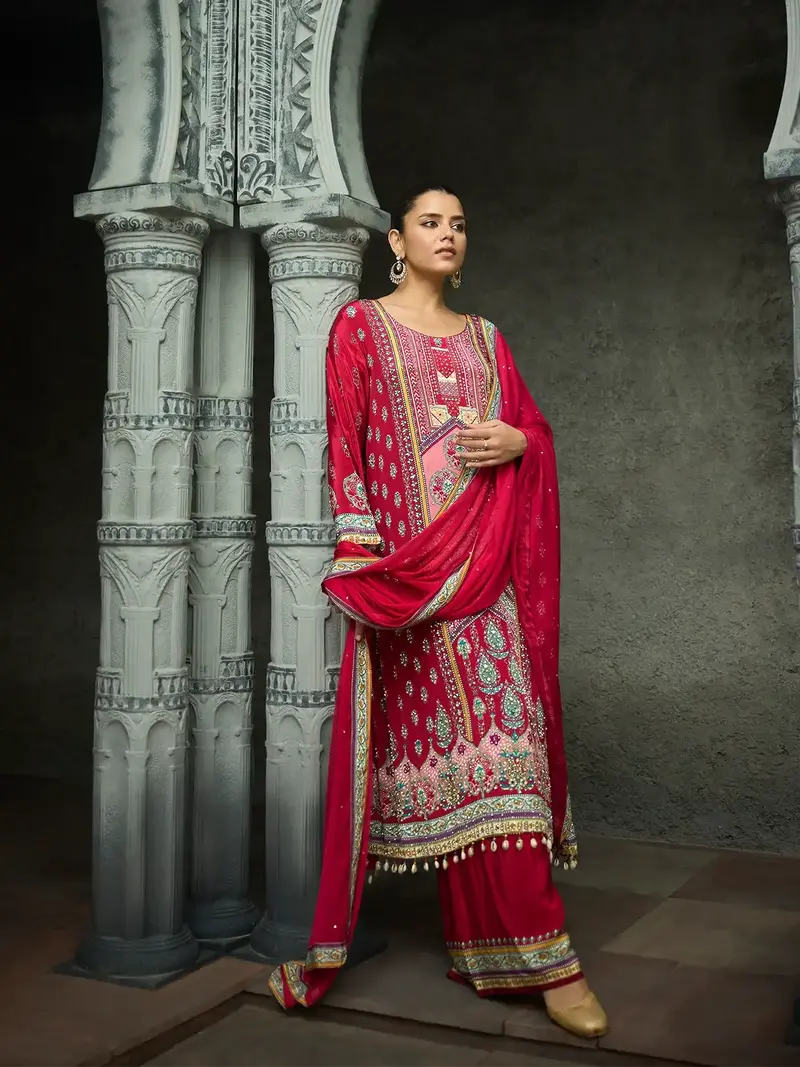 Dark Pink Floral Printed Synthetic Palazzo Salwar Suit 1