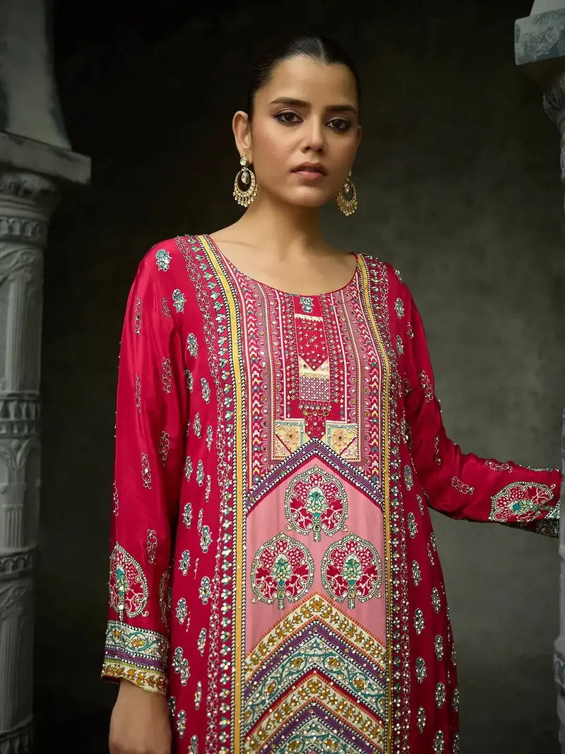 Dark Pink Floral Printed Synthetic Palazzo Salwar Suit 2
