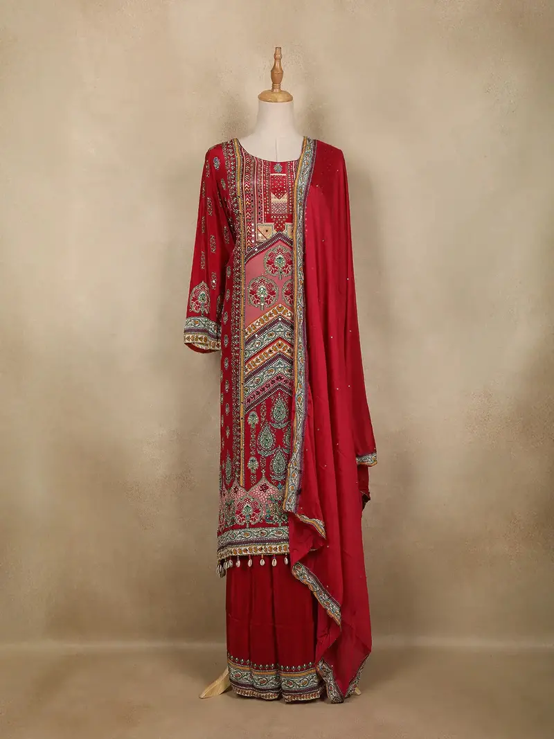 Dark Pink Floral Printed Synthetic Palazzo Salwar Suit 4