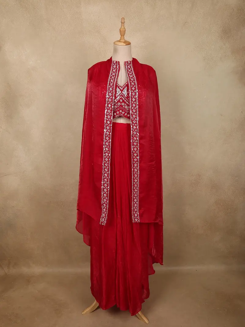 Dark Pink Floral Sequins And Beads Embroidered Design Organza Skirt Top With Over Coat 1