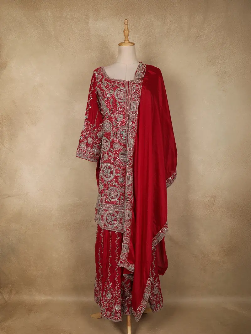 Dark Pink Floral Sequins And Beads Embroidered Design Palazzo Set With Dupatta 1
