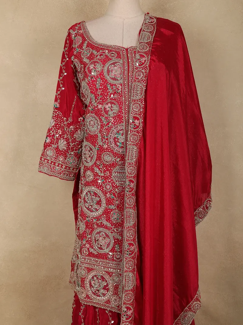 Dark Pink Floral Sequins And Beads Embroidered Design Palazzo Set With Dupatta 2