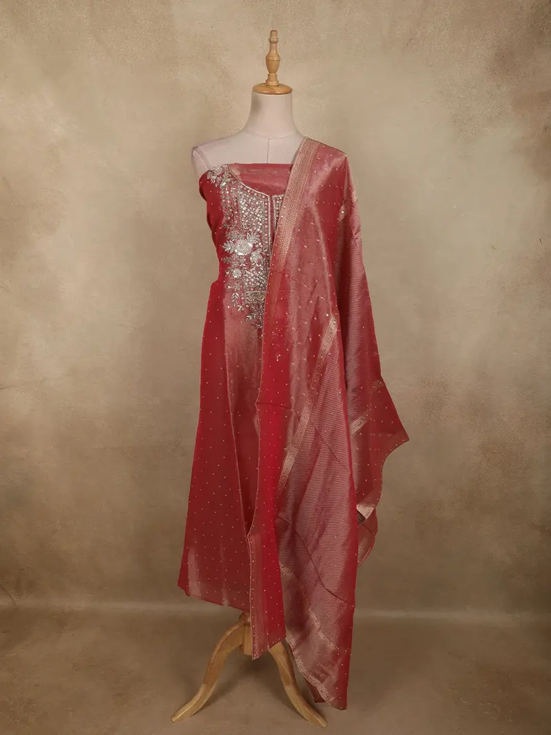 Dark Pink Floral Sequins And Zardozi Embroidered Design Tissue Unstitched Salwar Material With Dupatta 1