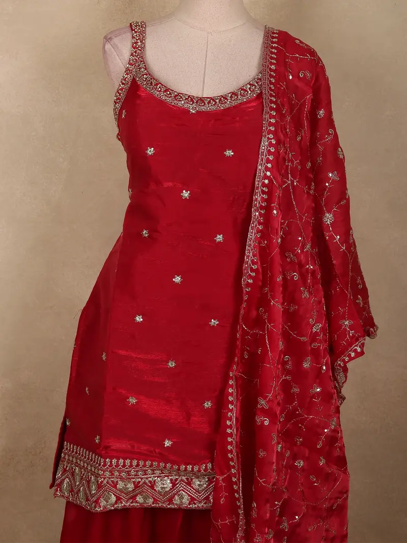 Dark Pink Floral Sequins Design Organza Salwar Suit With Dupatta 2