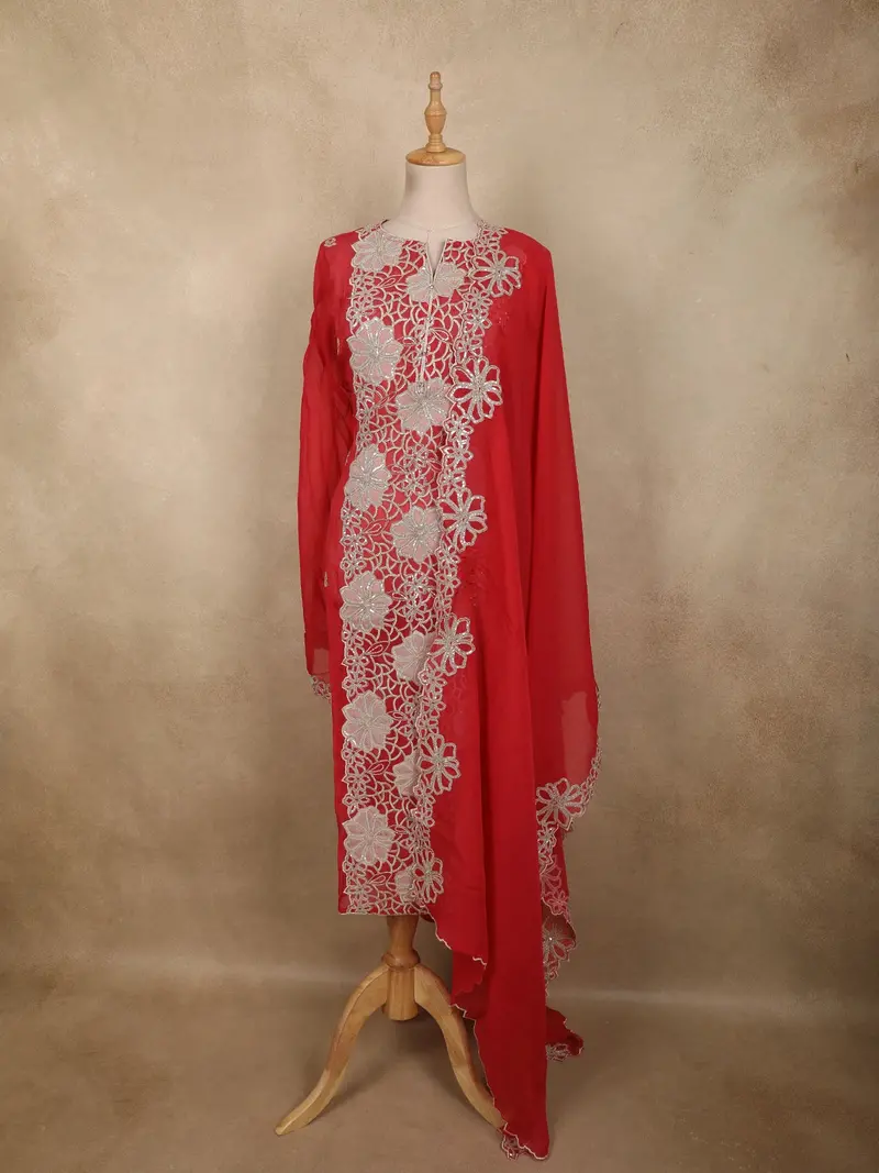 Dark Pink Floral Sequins Embroidered Design Georgette Unstitched Salwar Material With Dupatta 1