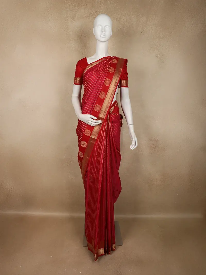Dark Pink Floral Stripes Woven Design Pure Kanchipuram Silk Saree With Zari Border 1