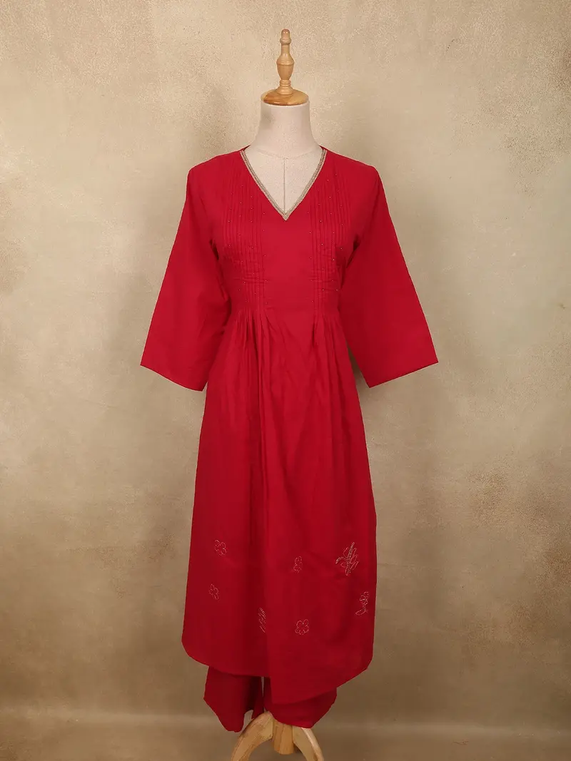 Dark Pink Floral Thread Embroidered Design Cotton Salwar Suit 1