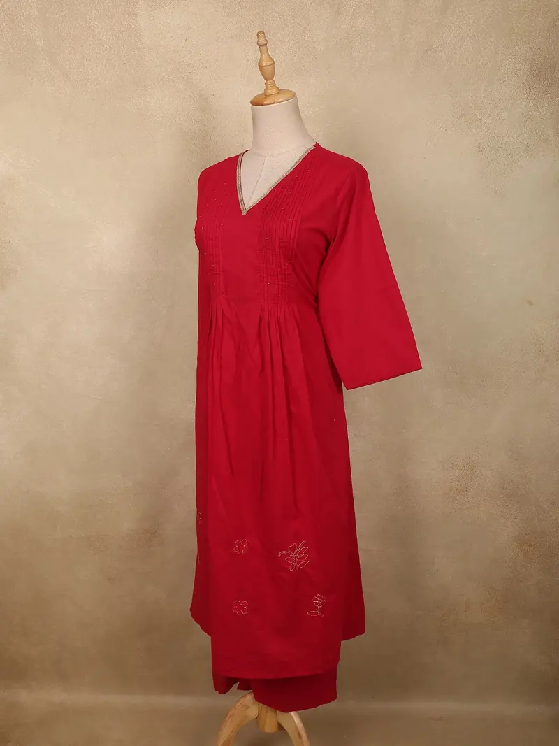 Dark Pink Floral Thread Embroidered Design Cotton Salwar Suit 3