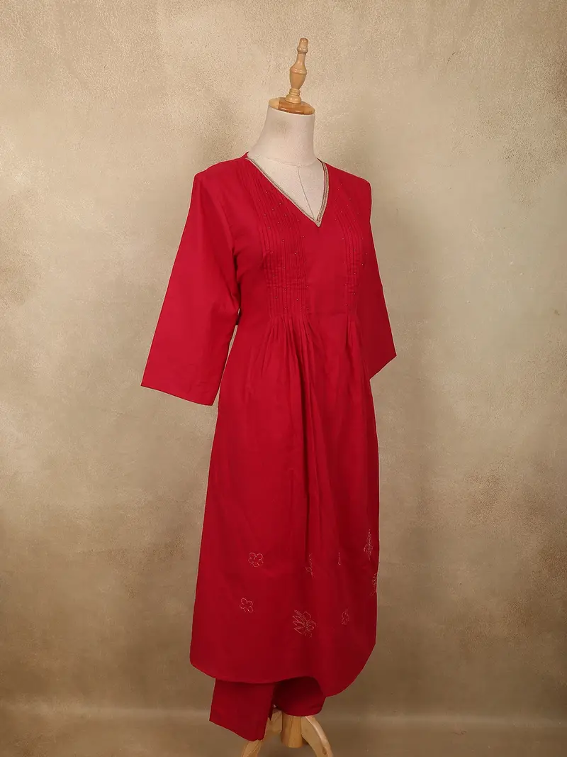 Dark Pink Floral Thread Embroidered Design Cotton Salwar Suit 4