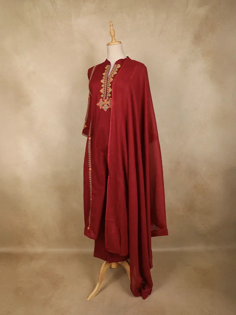Dark Pink Floral Thread Embroidered Design Cotton Straight Cut Salwar Suit With Dupatta 3