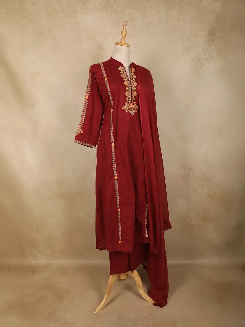 Dark Pink Floral Thread Embroidered Design Cotton Straight Cut Salwar Suit With Dupatta 4