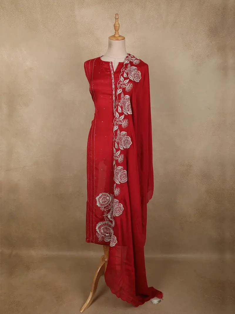 Dark Pink Floral Thread Embroidered Design Cotton Unstitched Salwar Material With Dupatta 1