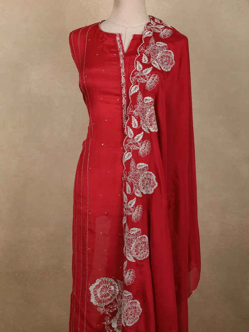 Dark Pink Floral Thread Embroidered Design Cotton Unstitched Salwar Material With Dupatta 2