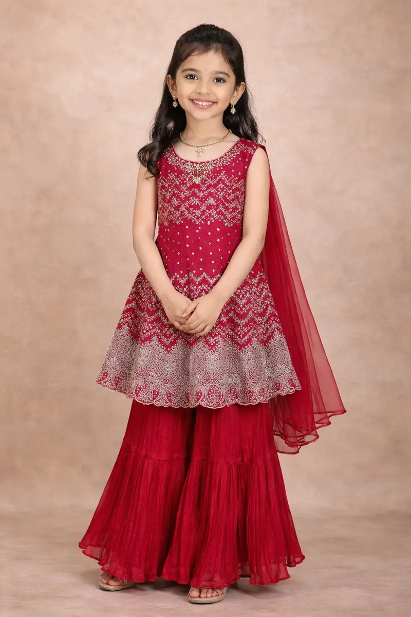 Dark Pink Floral Thread Embroidered Design Georgette Kids Sharara Suit With Dupatta 1