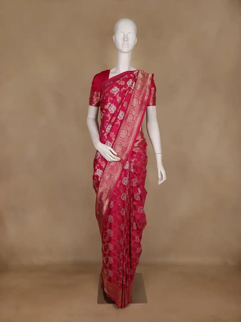 Dark Pink Floral Woven Design Pure Banarasi Silk Saree 1