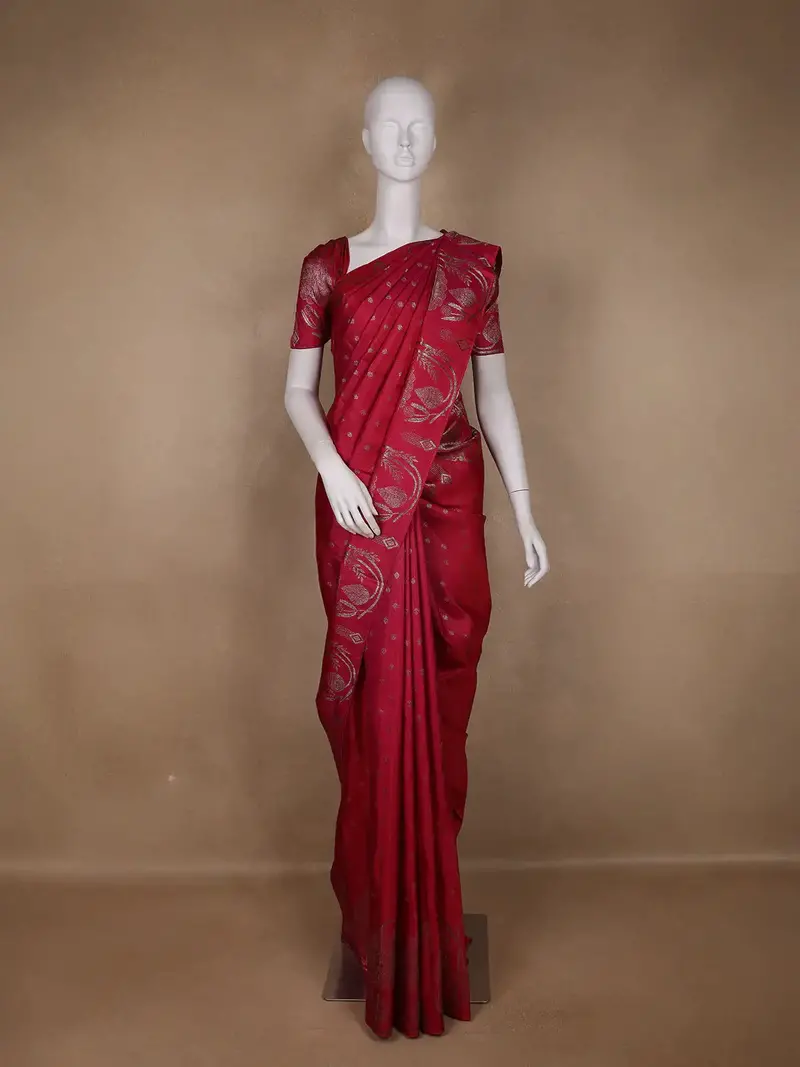 Dark Pink Floral Woven Pure Kanchipuram Silk Saree 1