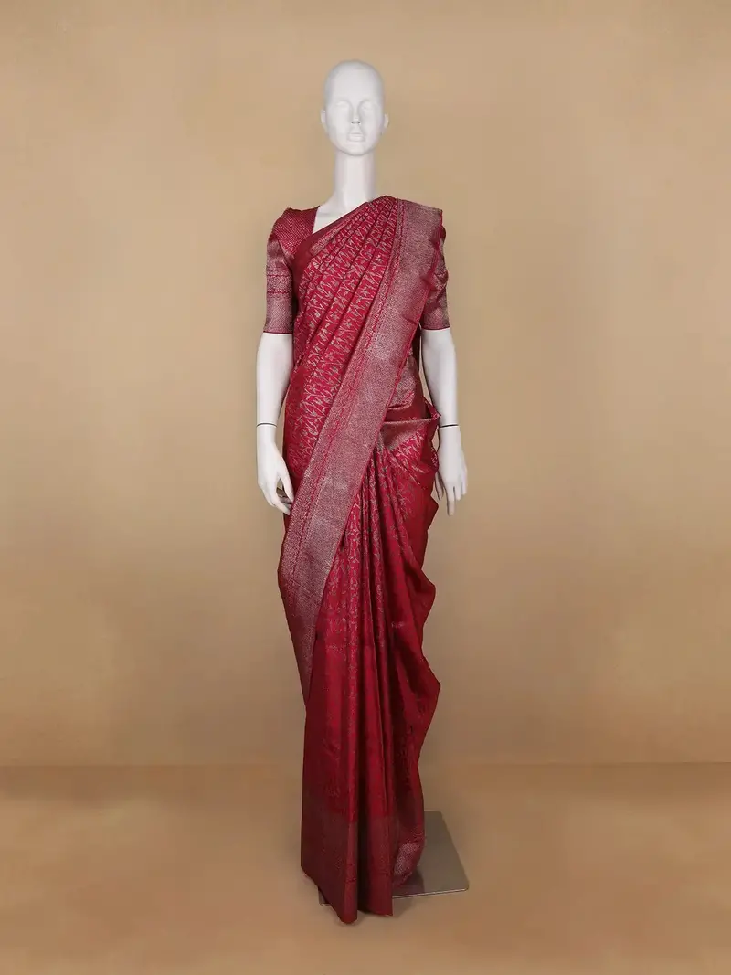 Dark Pink Floral Woven Pure Kanchipuram Silk Saree 1