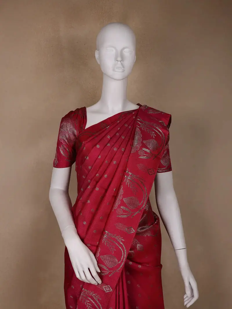 Dark Pink Floral Woven Pure Kanchipuram Silk Saree 2