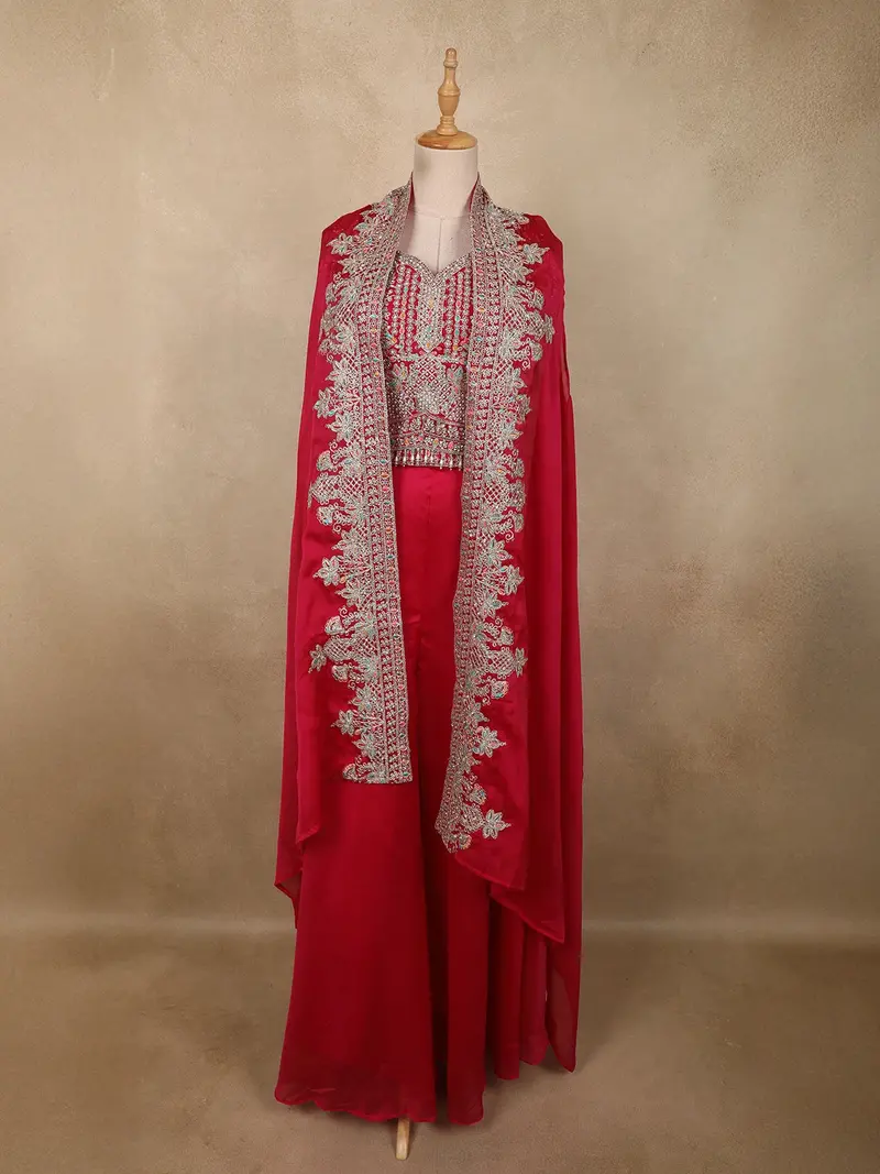 Dark Pink Floral Zari And Beads Embroidered Design Georgette Palazzo Salwar Suit With Coat 1