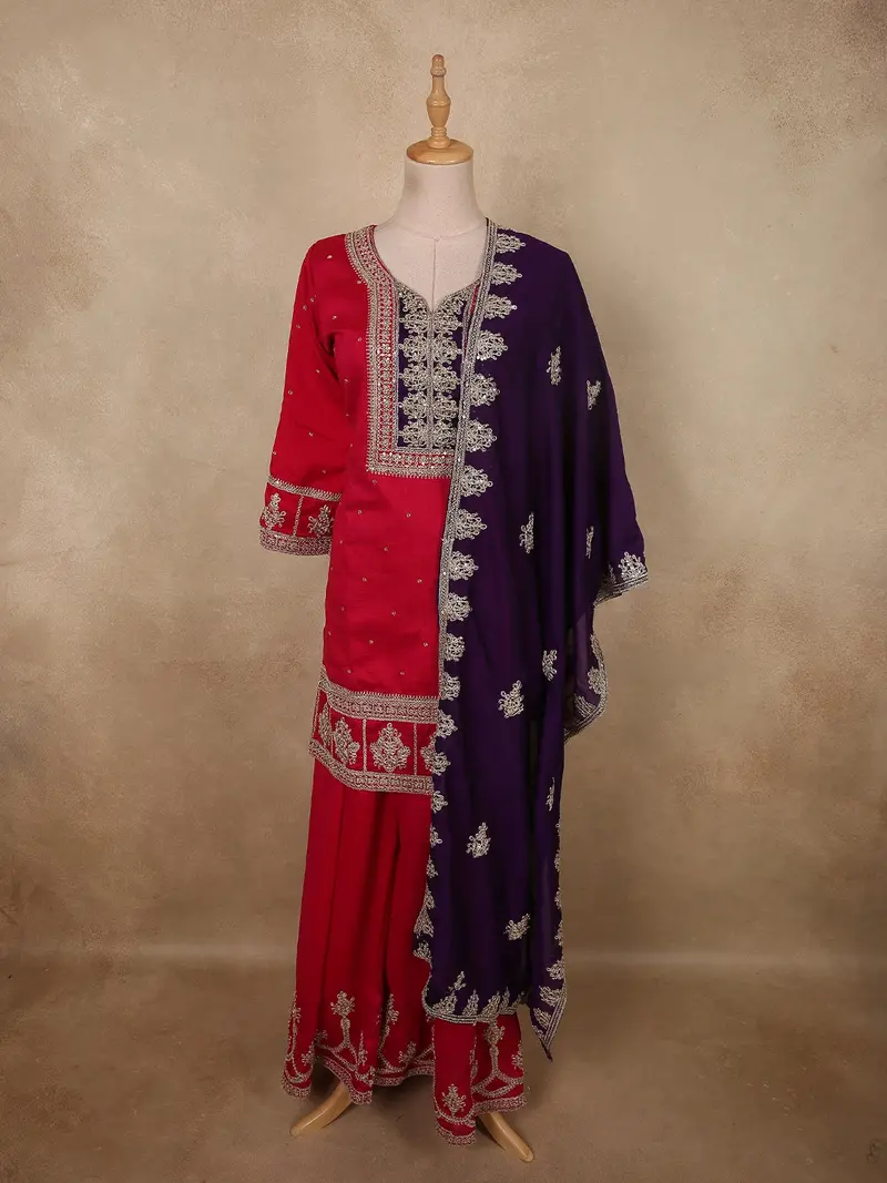 Dark Pink Floral Zari Embroidered Design Georgette Palazzo Suit With Contrast Dupatta 1