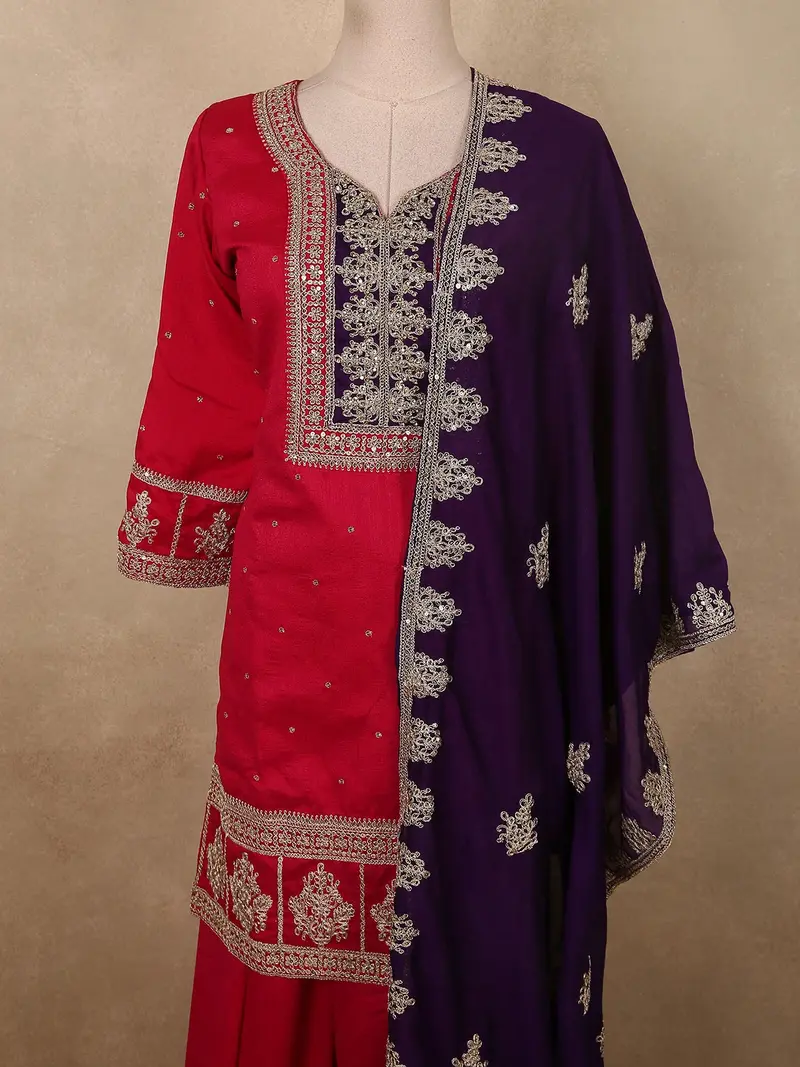 Dark Pink Floral Zari Embroidered Design Georgette Palazzo Suit With Contrast Dupatta 2