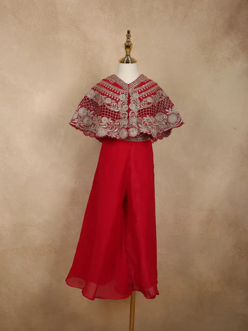 Dark Pink Floral Zari Embroidered Design Organza Kids Palazzo Suit With Cape 1