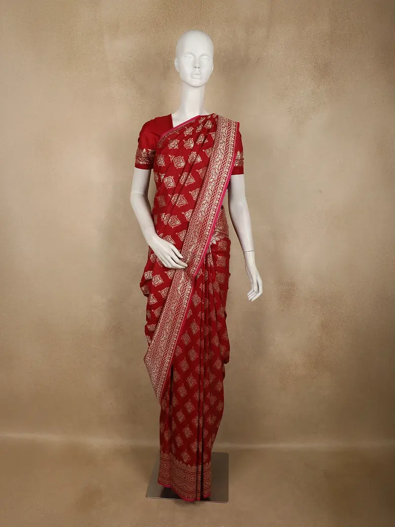 Dark Pink Floral Zari Woven Design Banarasi Silk Saree With Zari Border 1