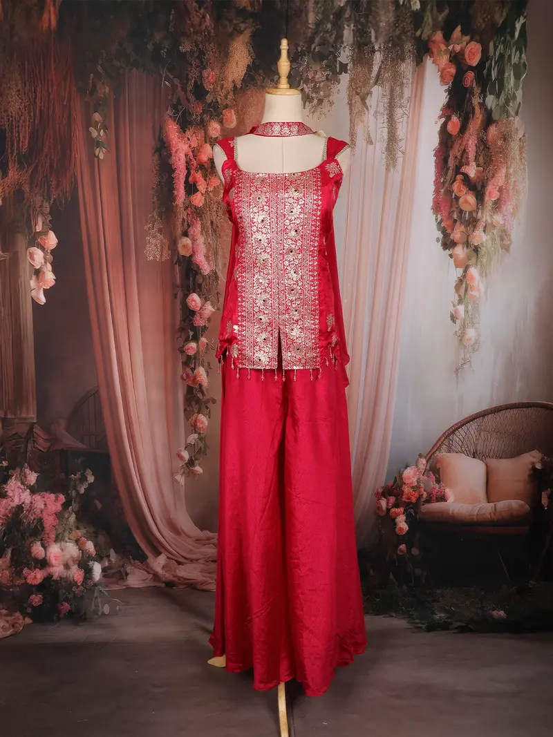 Dark Pink Floral Zari Woven Design Georgette Palazzo Suit 1