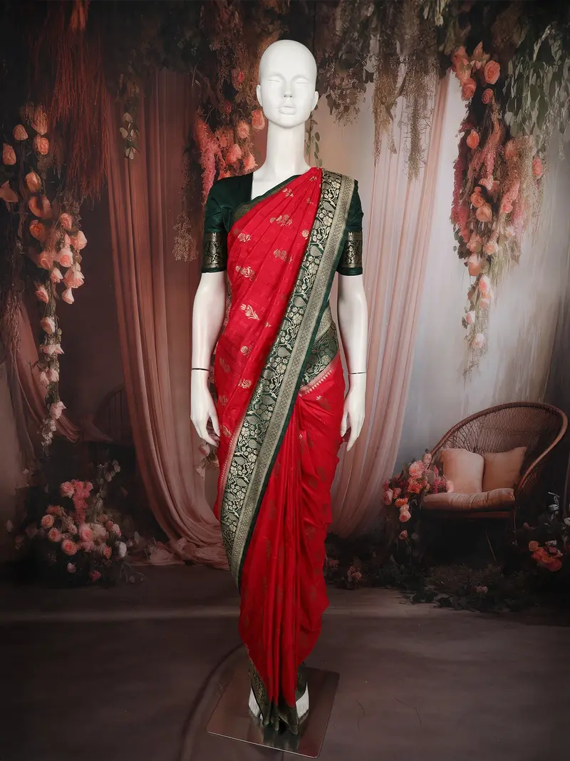 Dark Pink Floral Zari Woven Design Semi Banarasi Silk Saree With Contrast Zari Border 1