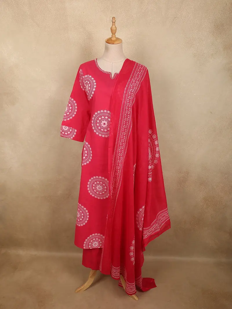 Dark Pink Geometric Printed Design Cotton Salwar Suit With Dupatta 1