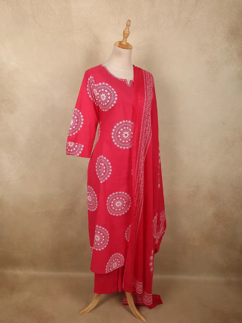 Dark Pink Geometric Printed Design Cotton Salwar Suit With Dupatta 4