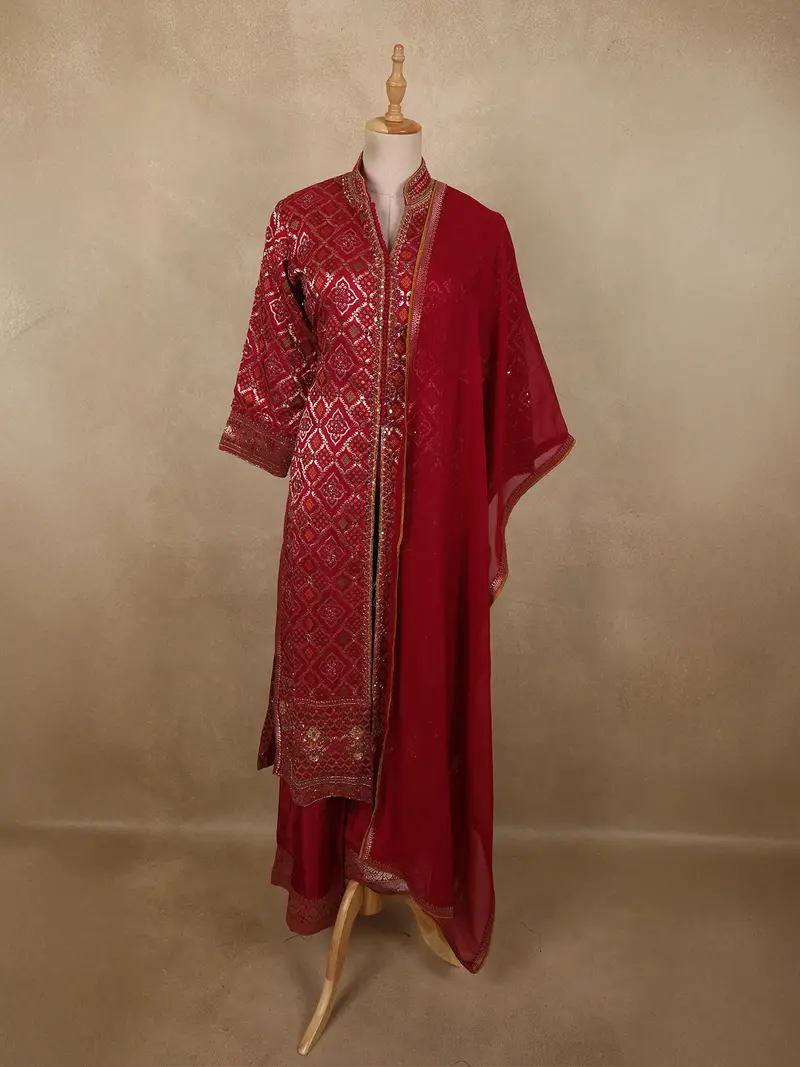 Dark Pink Geometric Zari Woven Design Bandhani Straight Cut Salwar Suit With Dupatta 1