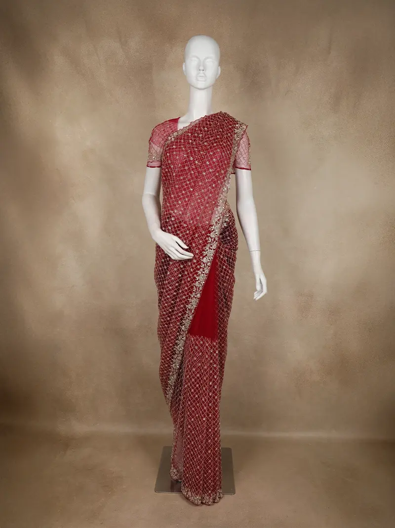 Dark Pink Heavy Sequins And Beads Embroidered Design Net Designer Saree 1